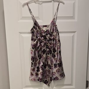 ECI Silk Camisole Romper with Pink Lavender, Brown and Black Modern Floral Print